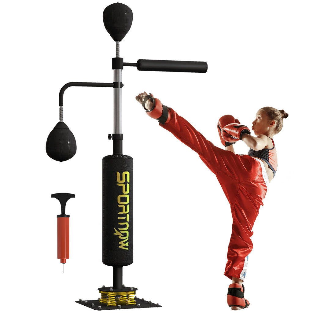 SPORTNOW Boxstand, zwei Speedballs, drehbare Boxstange, Kickpolster, höhenverstellbar, Stahl, 107 x 36 x 140-205 cm, Schwarz