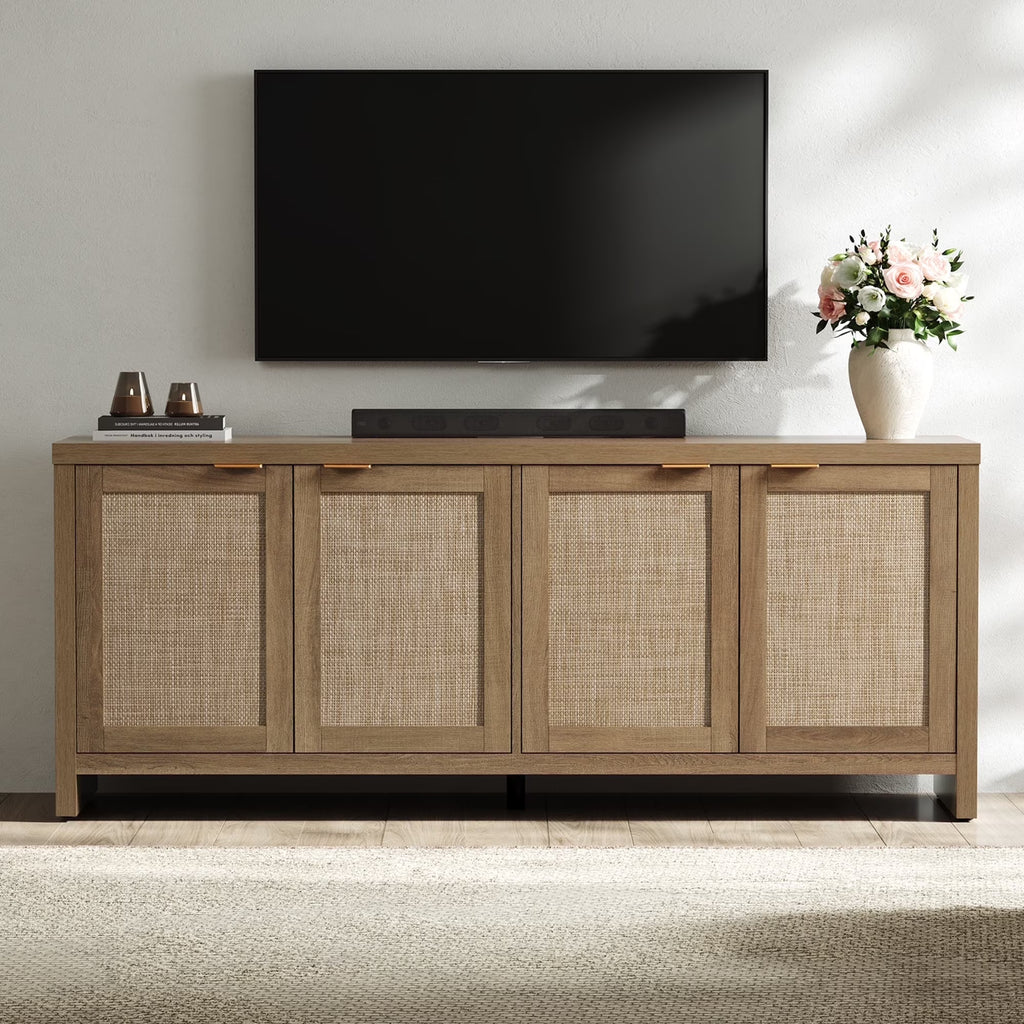 SICOTAS 61.5"w Rattan TV Stand with 4 Doors, Boho Entertainment Center with Adjustable Shelves & Spacious Countertop - Large Boho Farmhouse Media Console for Living Room, Reclaimed Caramel Oak