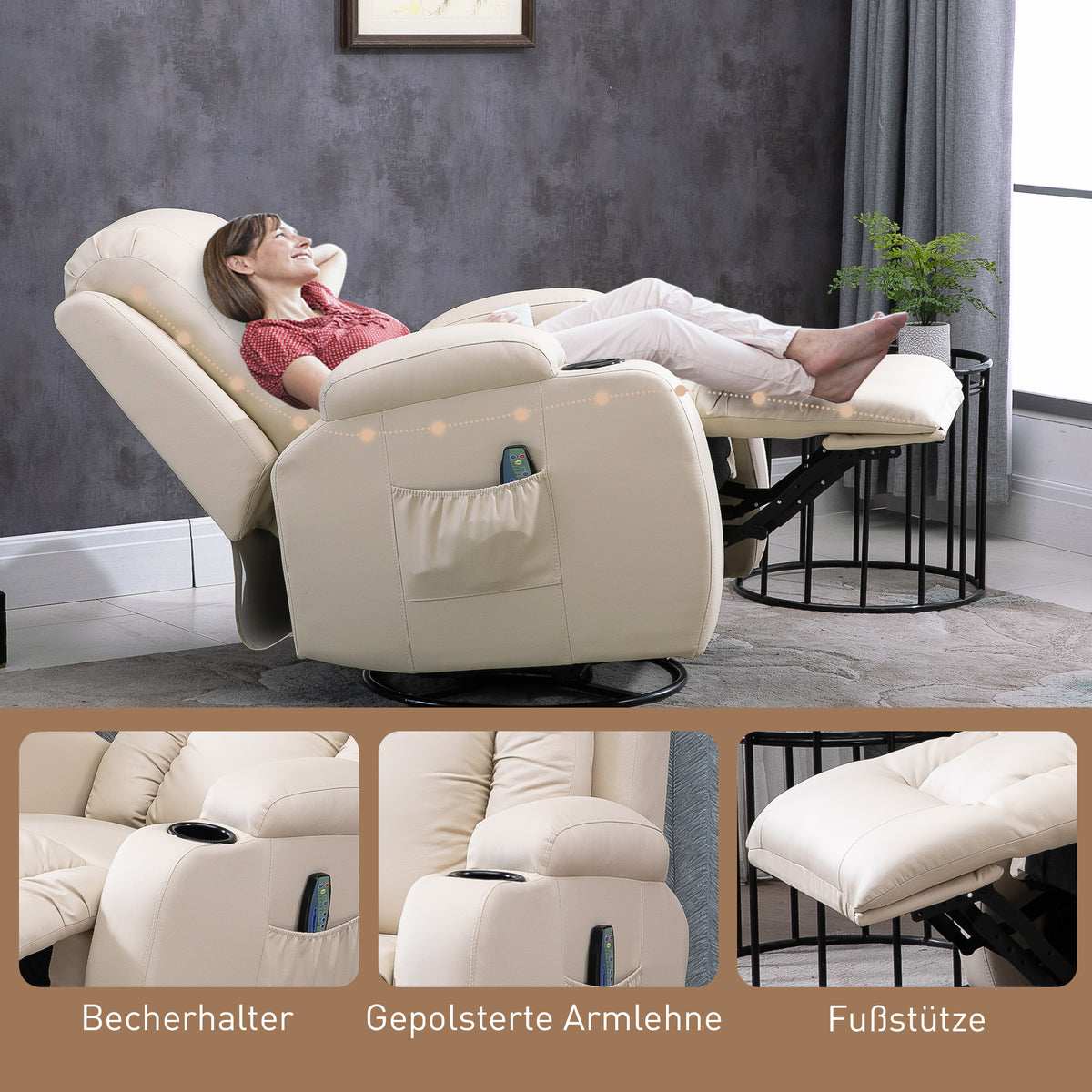 HOMCOM Massagesessel, Relaxsessel, Wippfunktion, 8 Vibrationspunkte, inkl. Fernbedienung, Creme