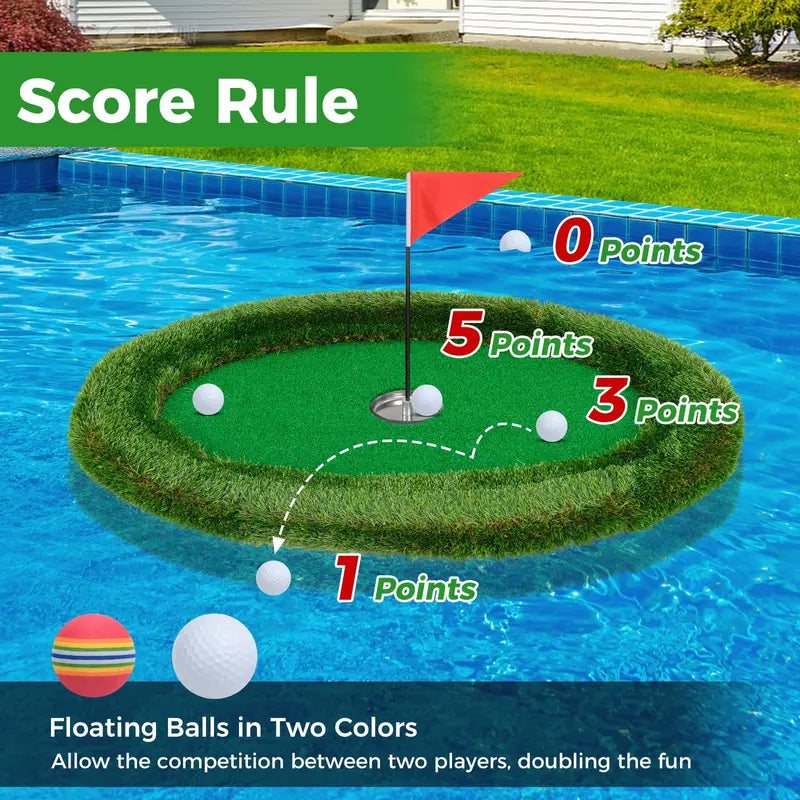 Oval Floating Pool Golf Green – Chipping Mat Kit with Hitting Surface, Balls, Flag & Tee (37.5″ x 25.5″)