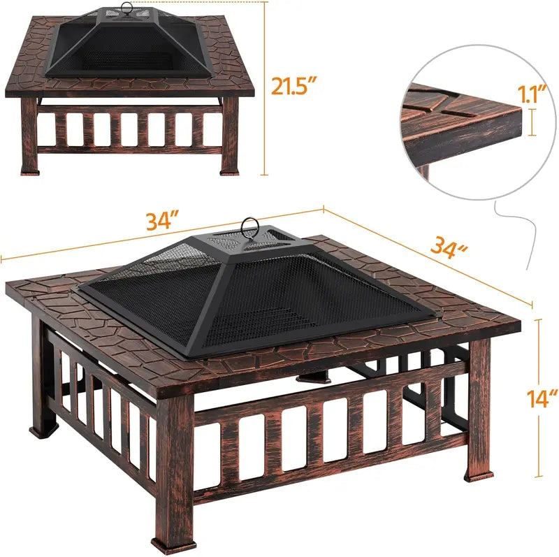 Yaheetech 32-Inch Square Fire Pit Table – Multifunctional Outdoor Heating Unit for Patios, Gardens, Camping & Picnics