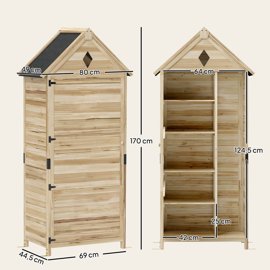 Outsunny Gartenschuppen mit 4 Regalen, Lagerschuppen aus Holz, wasserdichtes Asphalt-Dach, 80 x 49 x 170 cm, Hellbraun