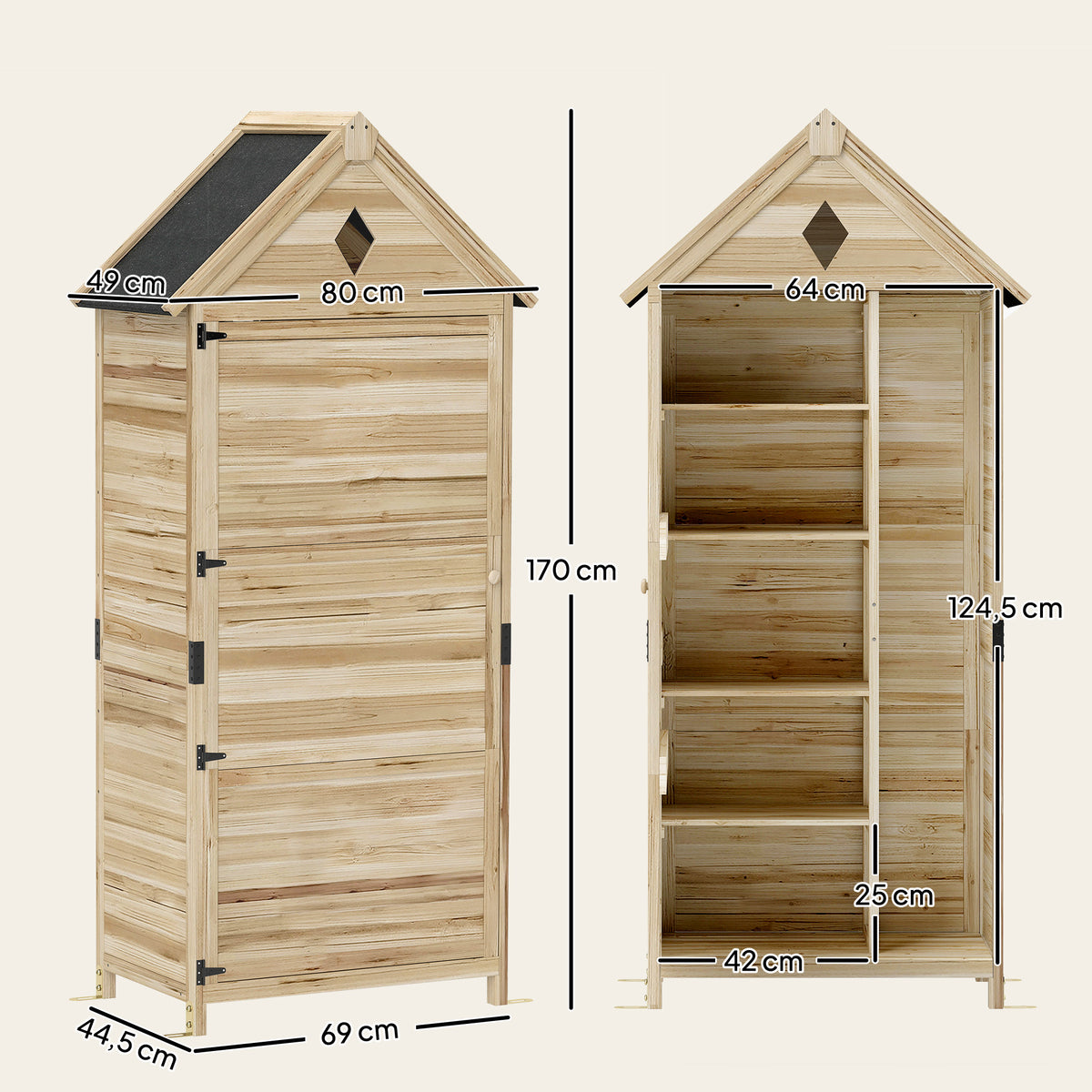 Outsunny Gartenschuppen mit 4 Regalen, Lagerschuppen aus Holz, wasserdichtes Asphalt-Dach, 80 x 49 x 170 cm, Hellbraun
