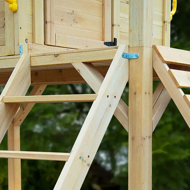 ROVO KIDS Wooden Tower Playhouse – Outdoor Cubby House with Slide, Climbing Wall & Sandpit