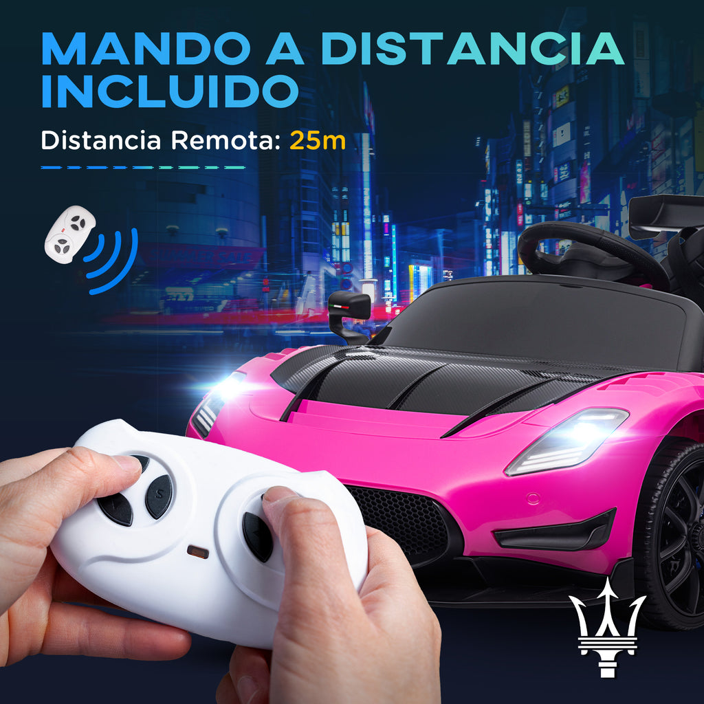 AIYAPLAY Kinder Elektroauto ab +3 Jahren Maserati GT2 mit Fernbedienung LED-Scheinwerfer Hupe Musik Hilfsräder Rosa