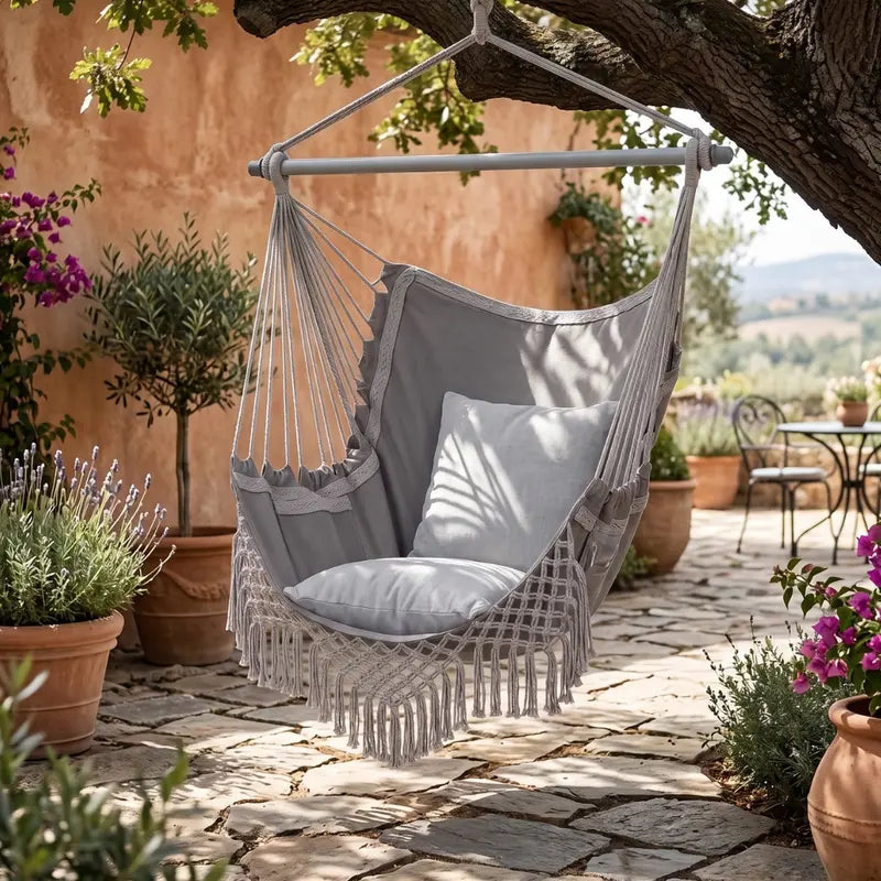 Patio Hammock Chair with Cushions, Side Storage Pocket, and Reinforced Metal Bar