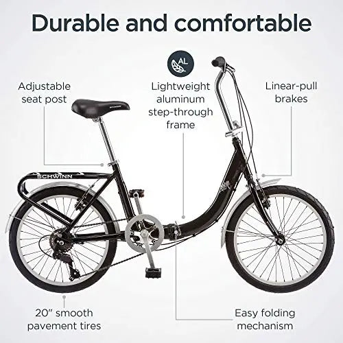 Schwinn Loop Folding Adult Bike – 20-Inch Wheels, 7-Speed Shimano Drivetrain, Lightweight Aluminum Frame