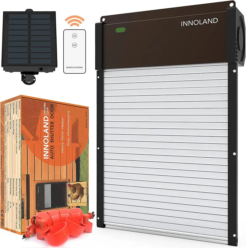 INNOLAND Automatic Chicken Coop Door Solar Powered, Aluminum Frame with Light-Weight AES Roller Shutter, Light Sensor, Daily Programmable Timer, Remote Control