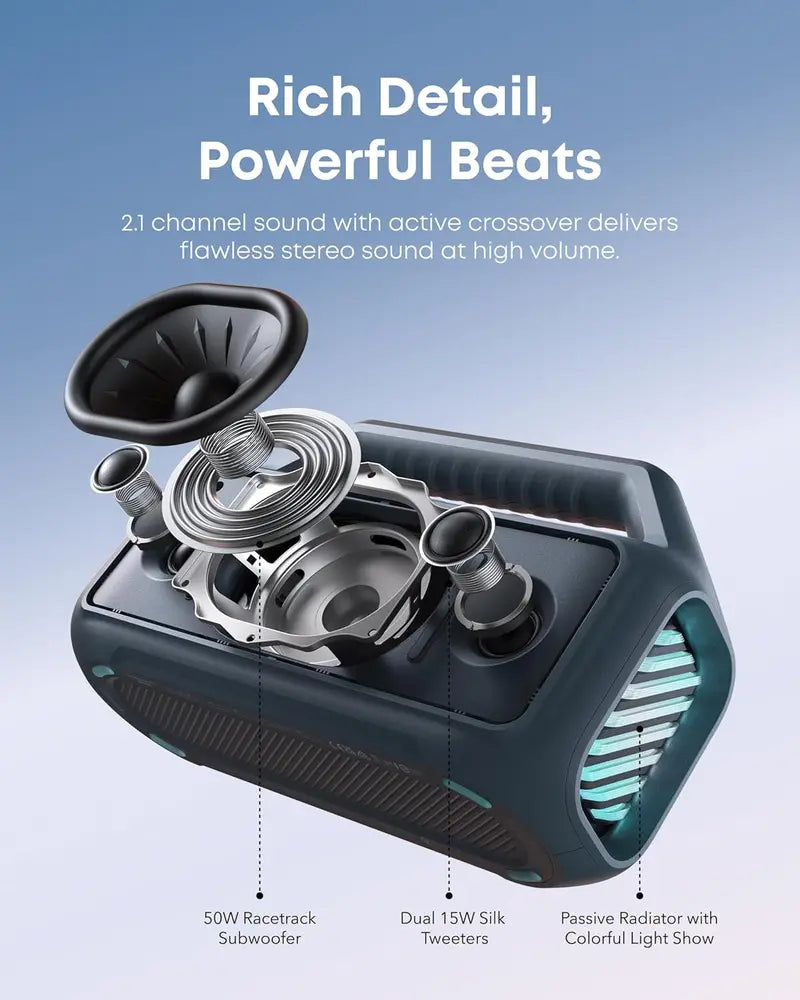 Portable IPX7 Waterproof Outdoor Speaker – 80W Output, BassUp 2.0, 24-Hour Battery, RGB Lighting, Bluetooth 5.3 & Custom EQ for Camping, Beach or Backyard