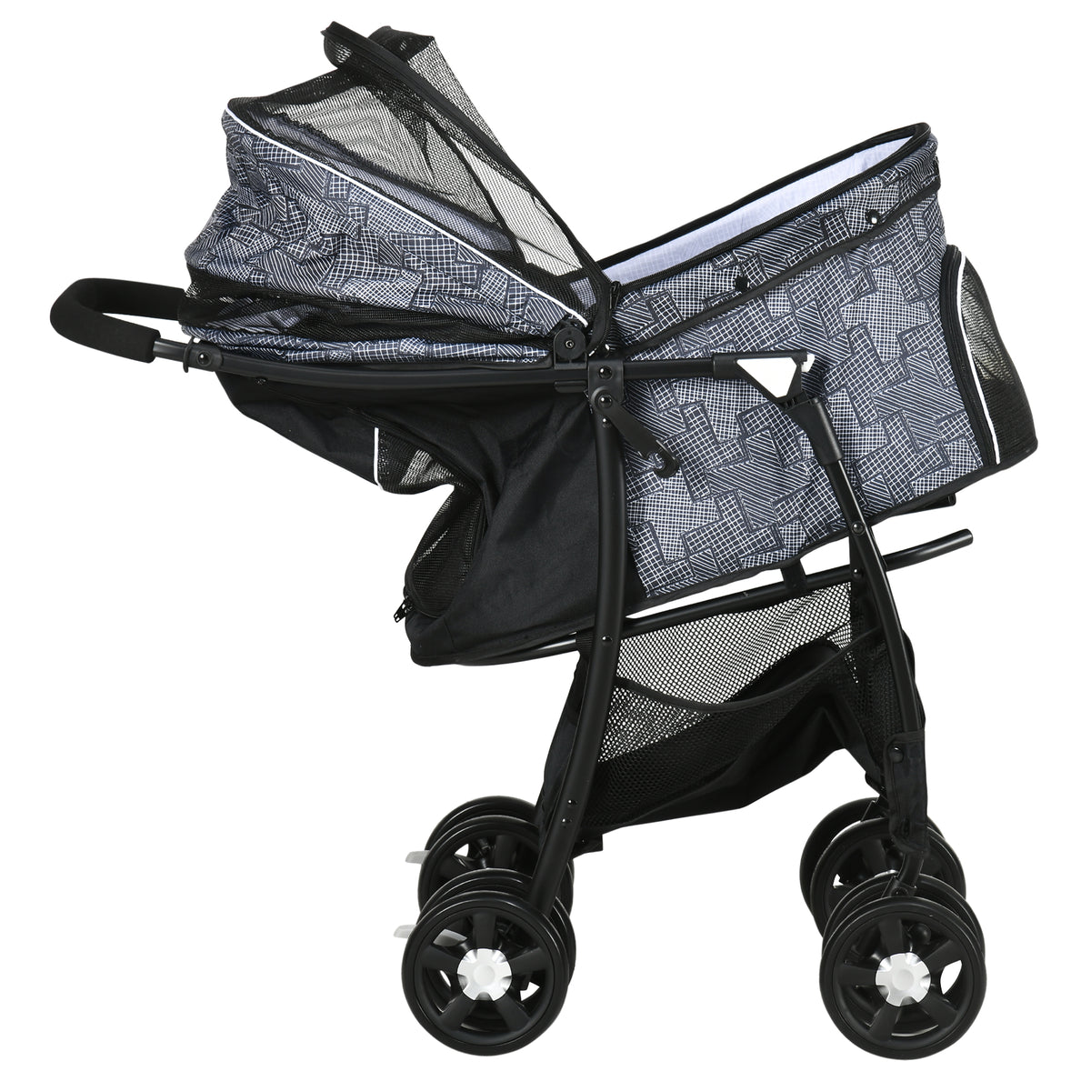 PawHut Hundebuggy Hundewagen bis 10kg klappbar verstellbares Vordach Bodenkorb Kissen Seitentasche 81 cm x 48 cm x 99 cm Grau