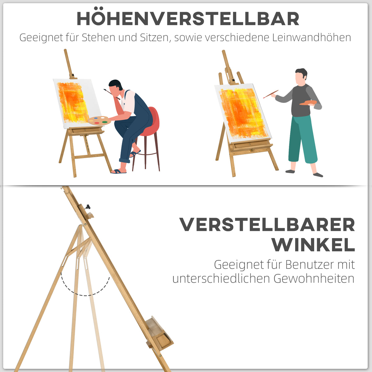 Vinsetto Staffelei, Holzstaffelei, höhenverstellbar, klappbar, Stiftablage, Buchenholz, 65 x 110 x 180-235 cm