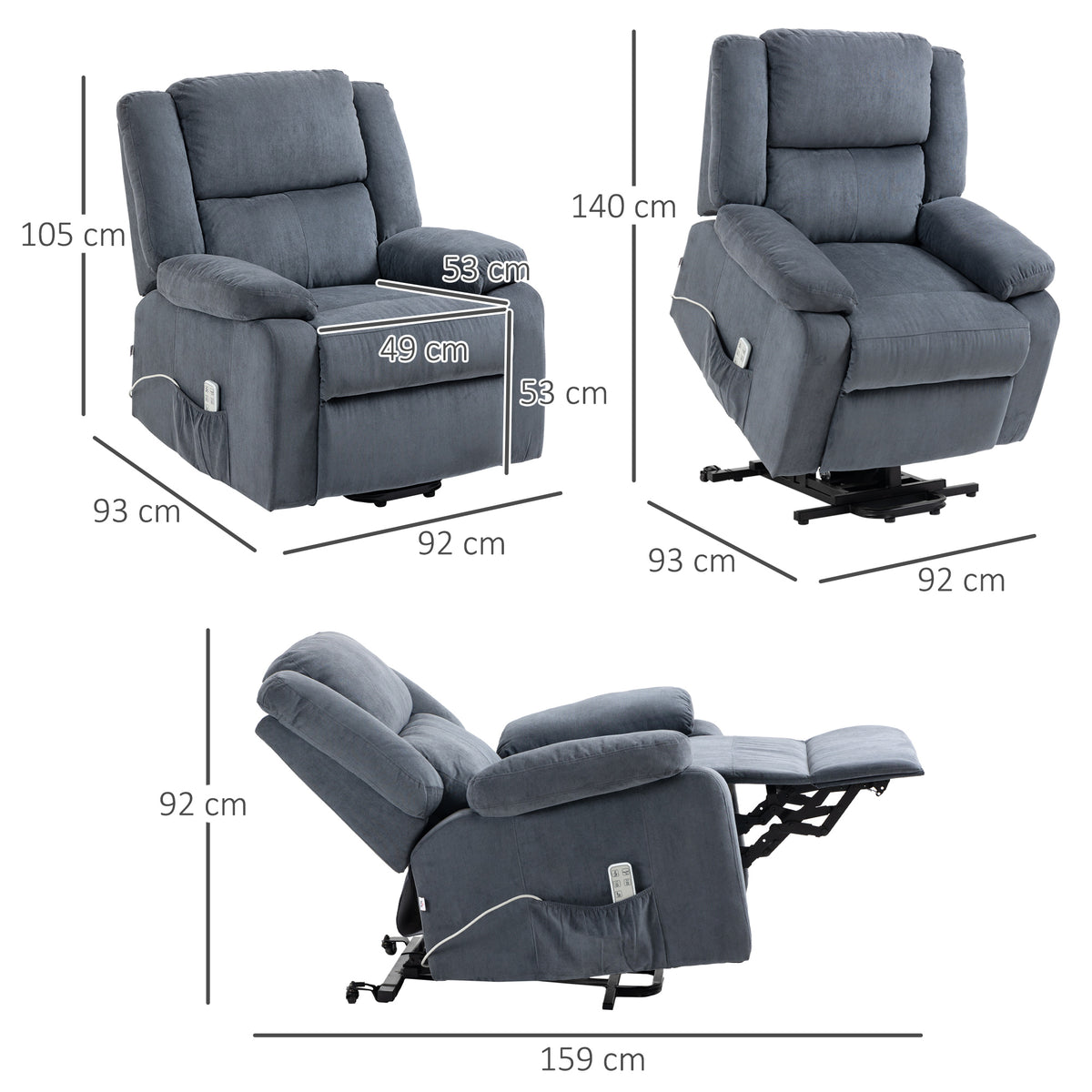 HOMCOM Aufstehsessel, Relaxsessel, mit Liegefunktion, Fernbedienung, Samtoptik, grau, 92 x 93 x 105 cm