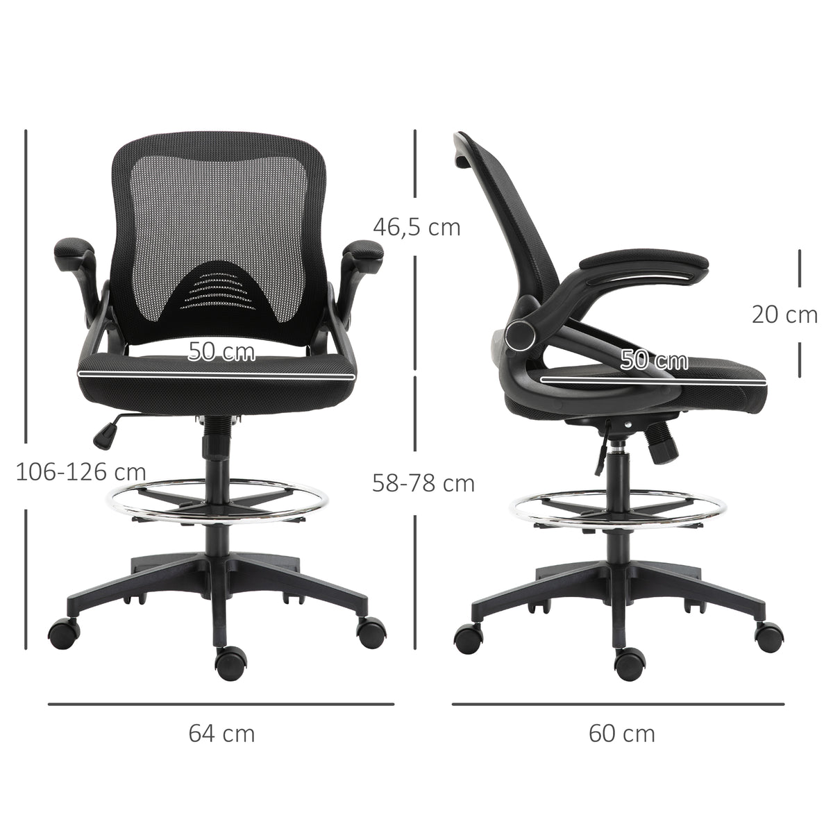 Vinsetto Bürosessel, Schreibtischstuhl, Stehfunktion, mit Fußablage, drehbarer Sitz, Stahl, schwarz, 64 x 60 x 106-126cm