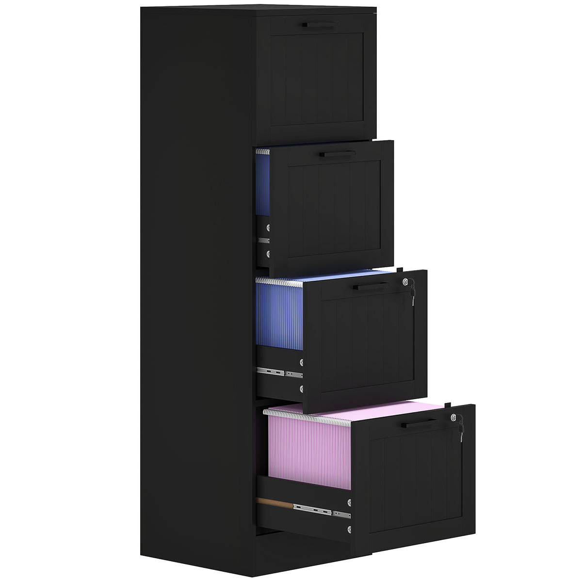 HOMCOM Aktenschrank mit 4 Schubladen mit verstellbarer Schienenführung und 2 Schlössern, aus Holz, 40x40x131 cm, Schwarz