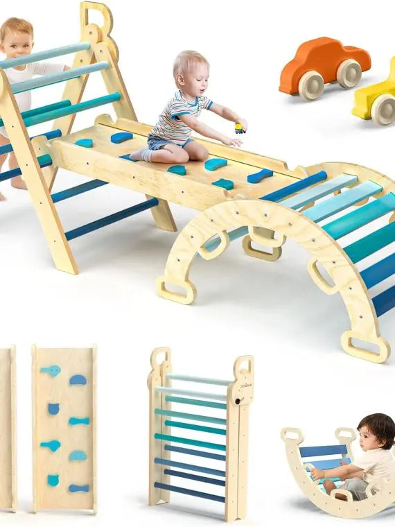 Rainbow Pikler Triangle 7-in-1 Foldable Baby Climbing Set – Wooden Montessori Toys with Arch, Ramp & Ladder for Toddlers Indoor Gym
