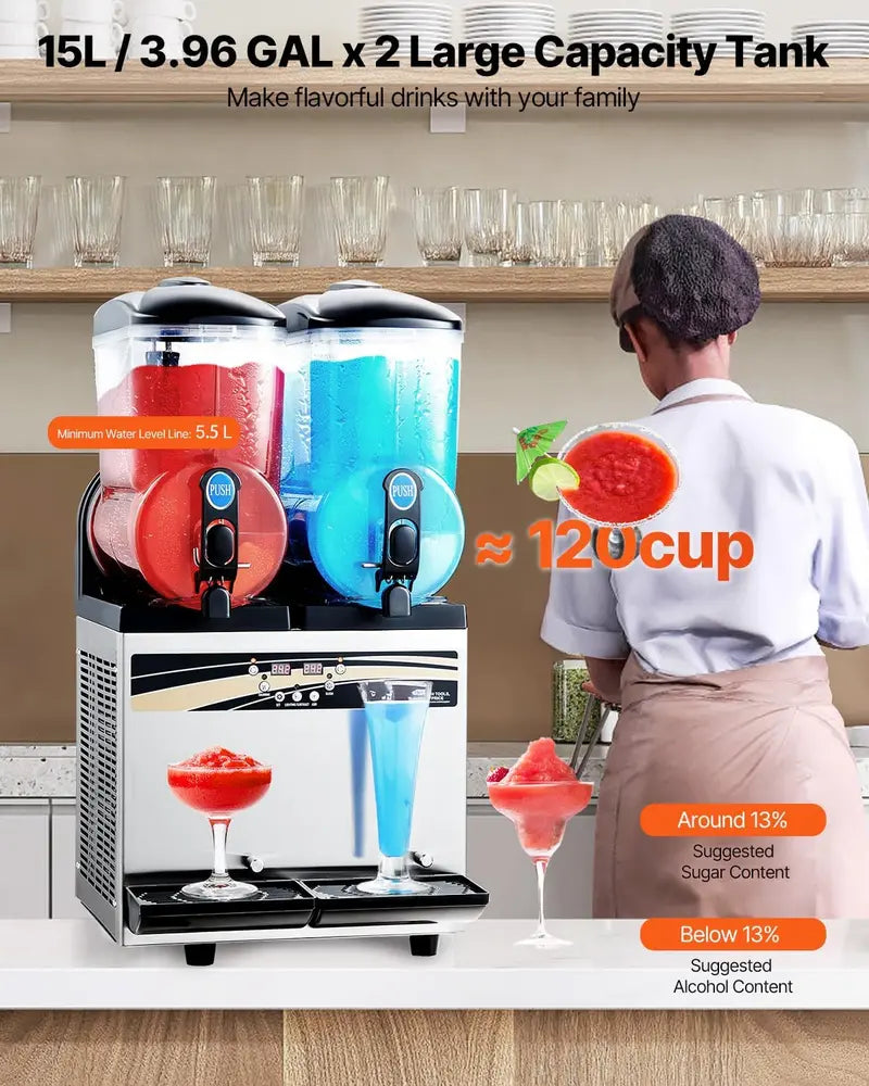 VEVOR Commercial Slushy Machine – 30L Dual-Tank Margarita & Frozen Drink Maker (120 Servings), Stainless Steel for Bars, Cafés, and Parties