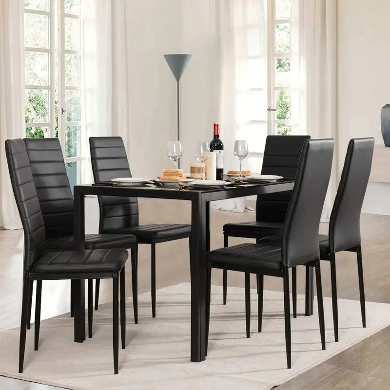 Sleek Black Rectangular Dining Set: Tempered Glass Tabletop with Leather-Padded Chairs—Metal Frame Design for Kitchens, Dinette Areas, and Small Dining Rooms