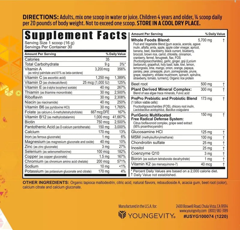 Youngevity Beyond Tangy Tangerine 2.5 Powder, Tropical Tangerine Flavor, Ultimate Multi-Vitamin & Mineral Complex, Gluten-Free, 8,000 ORAC