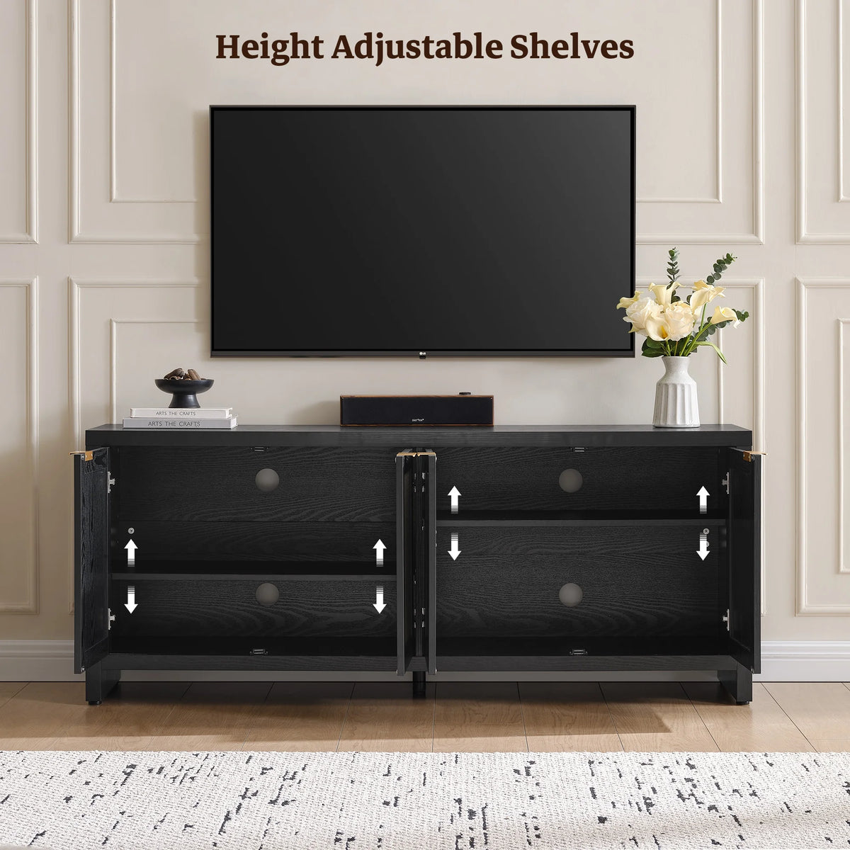 SICOTAS 61.5"w Rattan TV Stand with 4 Doors, Boho Entertainment Center with Adjustable Shelves & Spacious Countertop - Large Boho Farmhouse Media Console for Living Room, Reclaimed Caramel Oak