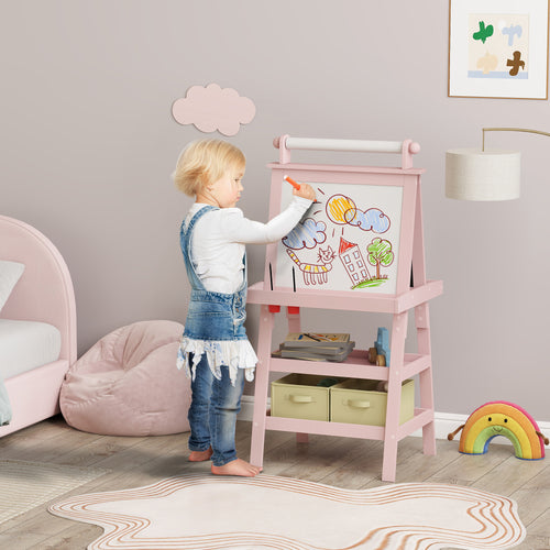 AIYAPLAY Kinder-Malständer 3-in-1 mit magnetischer weißer Tafel, Kreidetafel, Papierrolle, 2 Körben, 3-6 Jahre, Rosa