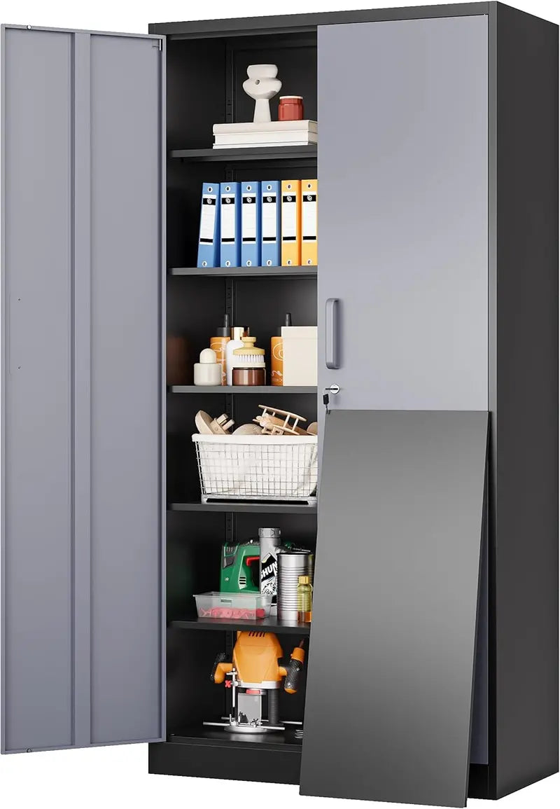 Heavy-Duty Lockable Metal Storage Cabinet – 71-Inch Black Steel Unit with Six Shelves for Garage, Office, or Workshop Use