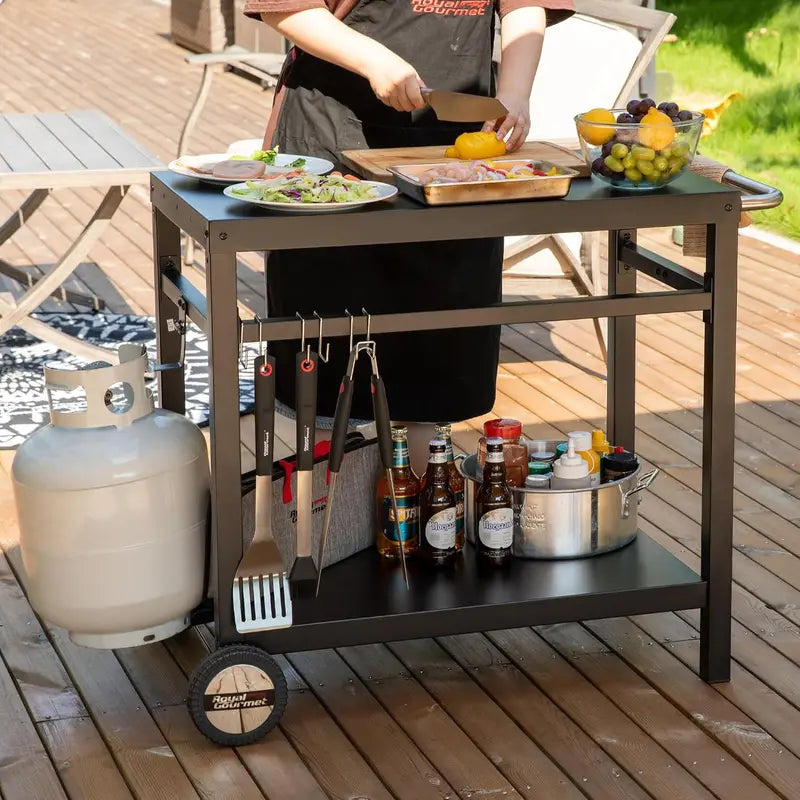 Royal Gourmet Stainless Steel Mobile Dining Cart with Double Shelves, Hooks & Side Handle – Multifunctional Grill Stand (PC3401B, Black)