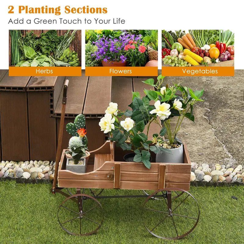 Wooden Wheeled Wagon Planter – Decorative Rolling Garden Planter for Patios and Landscapes