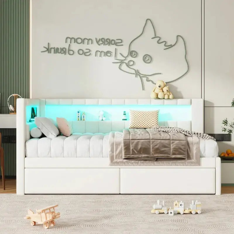 Modern Upholstered Platform Bed Frame – Full or Twin Size with Built-in USB Ports, LED Lighting, and Dual Storage Drawers