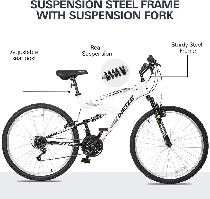 WEIZE Dual-Suspension Mountain Bike – 26″ or 27.5″ Hybrid Off-Road Bicycle for Adults, 18-Speed Shimano Drivetrain, Steel Frame, Adjustable Ergonomic Saddle