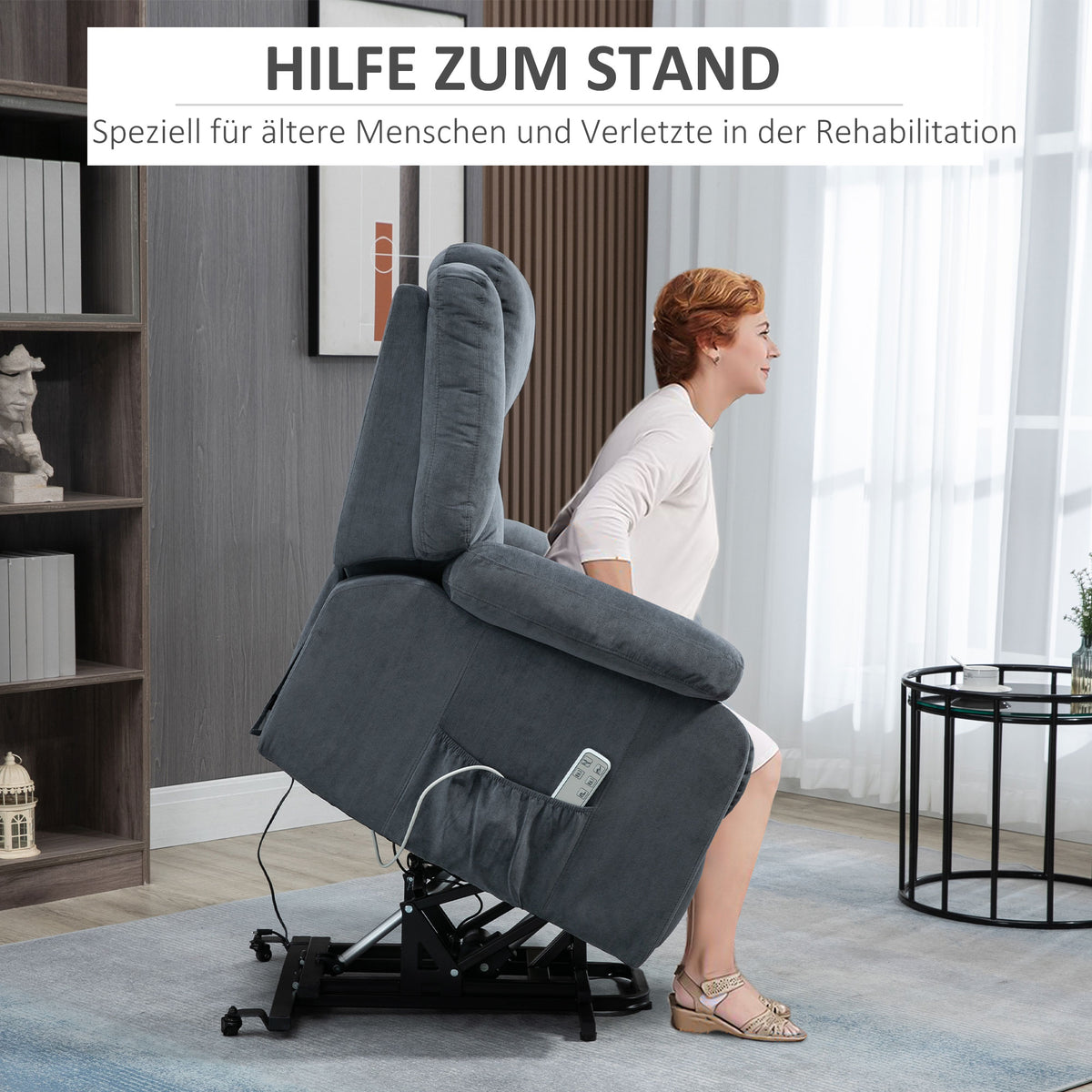 HOMCOM Aufstehsessel, Relaxsessel, mit Liegefunktion, Fernbedienung, Samtoptik, grau, 92 x 93 x 105 cm