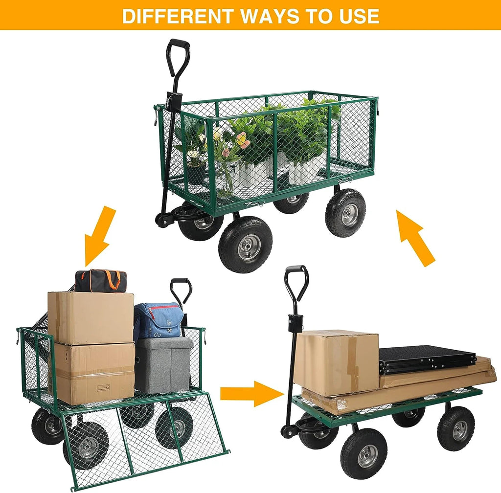 REDCAMP 900 lb Capacity Garden Cart Outdoor Utility Wagon Cart with Wheels Metal Heavy Duty Yard Wagon Flatbed W/ Pocket, Green
