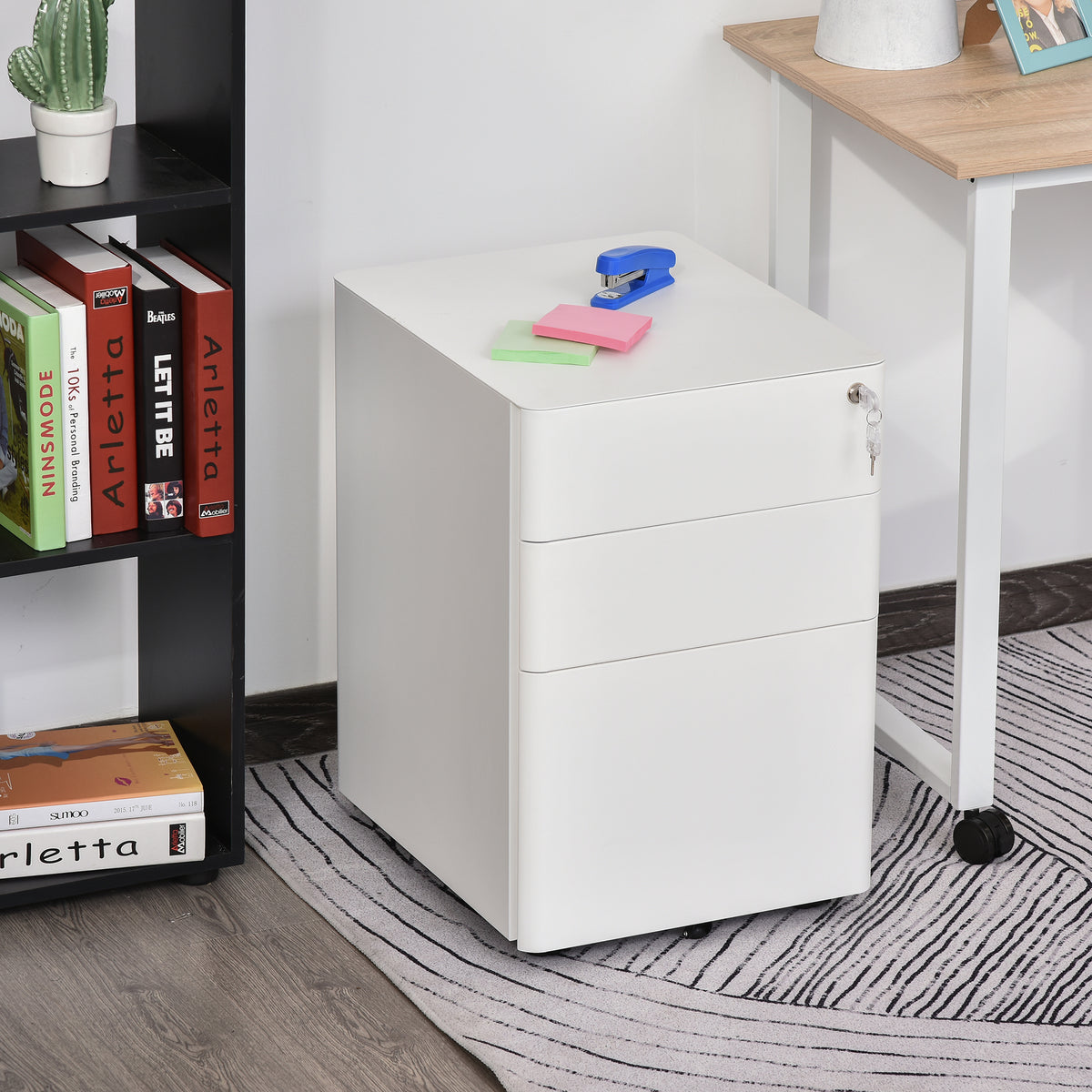Vinsetto Rollcontainer, mobiler Aktenschrank mit 3 Schubladen, abschließbarer Büroschrank mit Hängeregistratur, Aufbewahrung, Stahl, 39 x 48 x 59 cm Weiß
