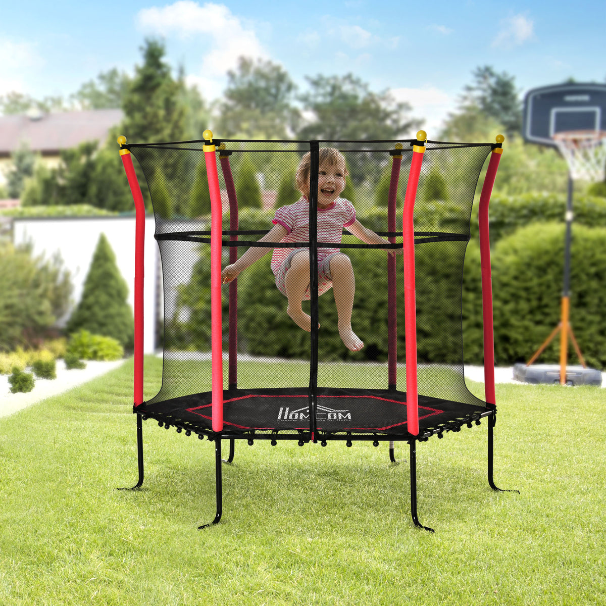 HOMCOM Kindertrampolin, Sicherheitsnetz, Gittertür, Metallrahmen, Ø163,5x163,5 cm, Rot