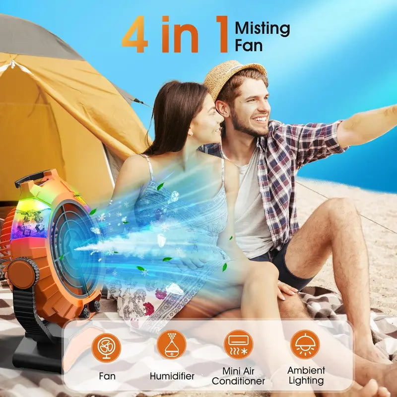 JYew Portable Misting Fan – Rechargeable 10,000mAh Battery-Powered Cooling Fan with Hook Mount & USB Charging for Outdoor Use