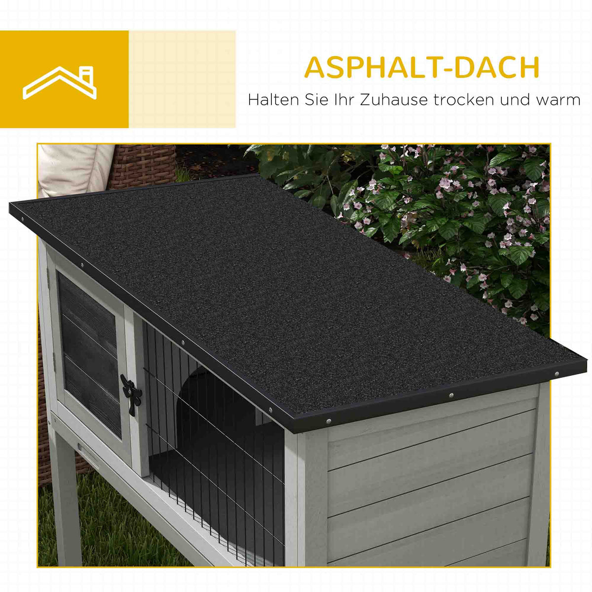 PawHut Hasenstall Kaninchenstall aus Tannenholz Winterfest Hasenkäfig mit aufklappbar Dach 84x43x70 cm Grau