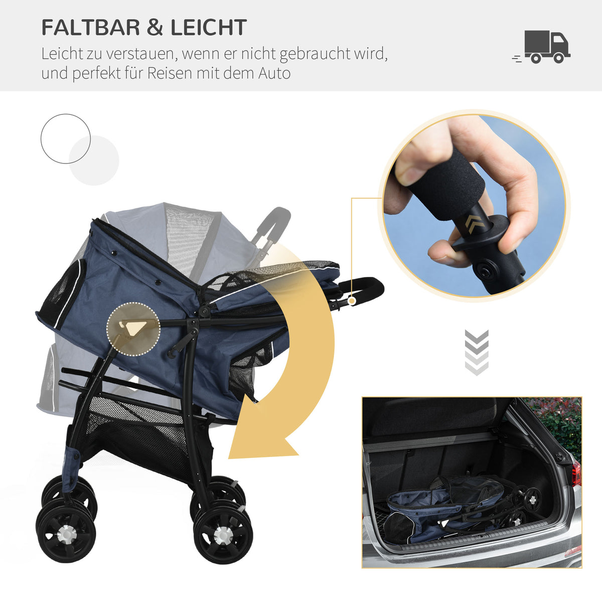 PawHut Hundewagen Hundebuggy bis 10 kg Klappbar Bodenkorb Kissen Seitentasche 81 cm x 48 cm x 99 cm Grau