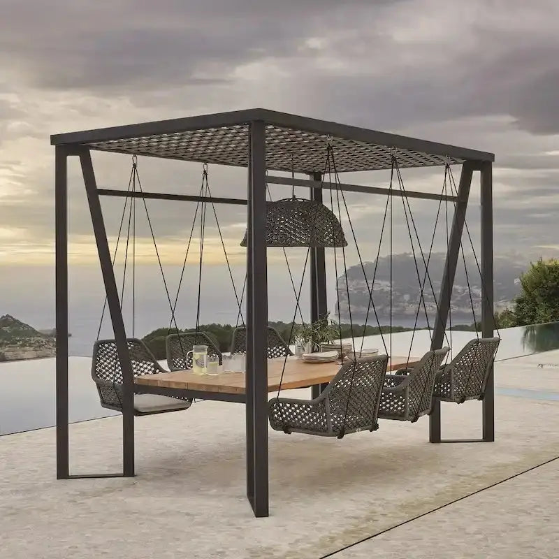 Skyline Design Horizon Pergola System – Includes Integrated Lighting, Hanging Chairs, and Teak Dining Table