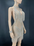 Silver Rhinestone-Fringe Halter Mini Dress with Open Back for Night-Out Styling
