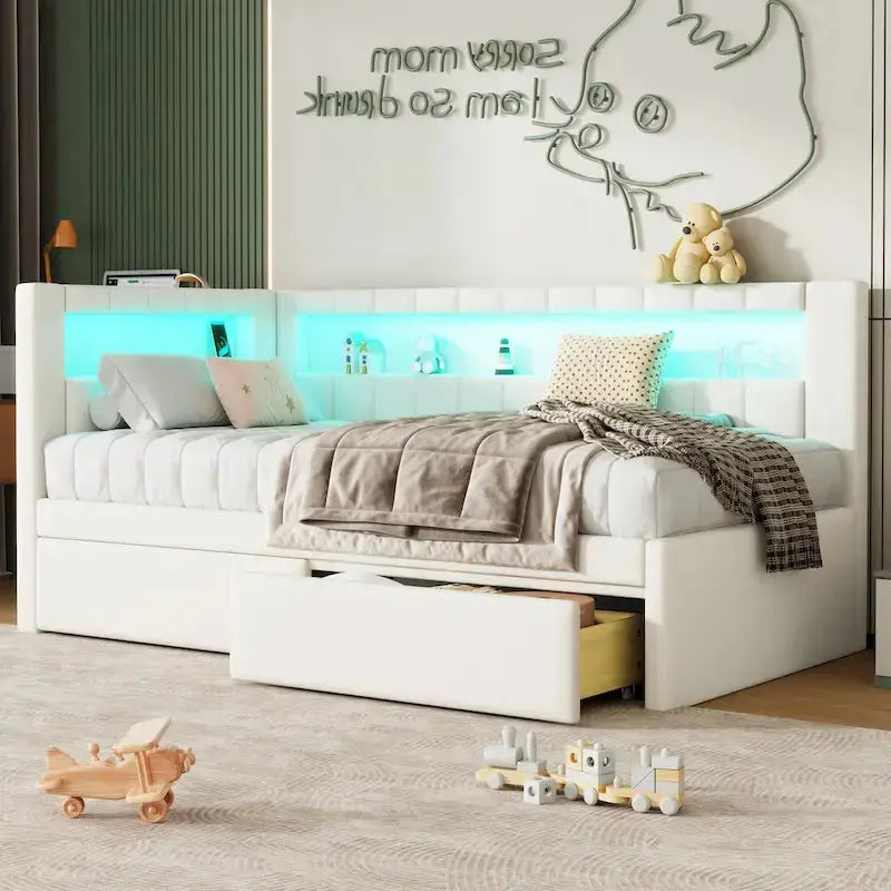 Modern Upholstered Platform Bed Frame – Full or Twin Size with Built-in USB Ports, LED Lighting, and Dual Storage Drawers