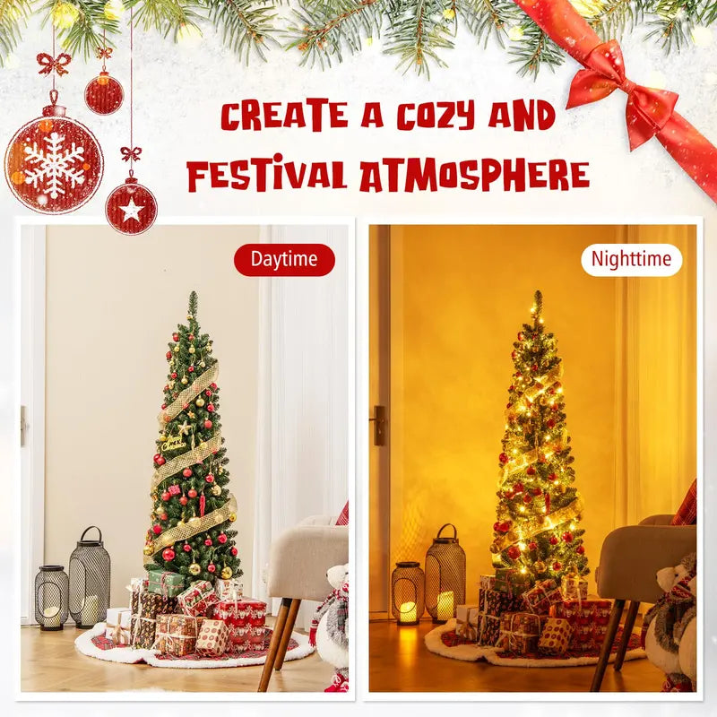 Slender Pre-Lit Pencil-Style Christmas Tree for Compact Home or Office Spaces