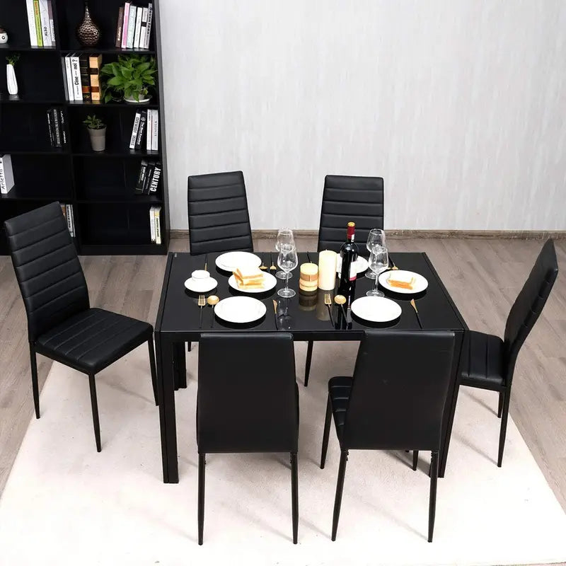 Sleek Black Rectangular Dining Set: Tempered Glass Tabletop with Leather-Padded Chairs—Metal Frame Design for Kitchens, Dinette Areas, and Small Dining Rooms