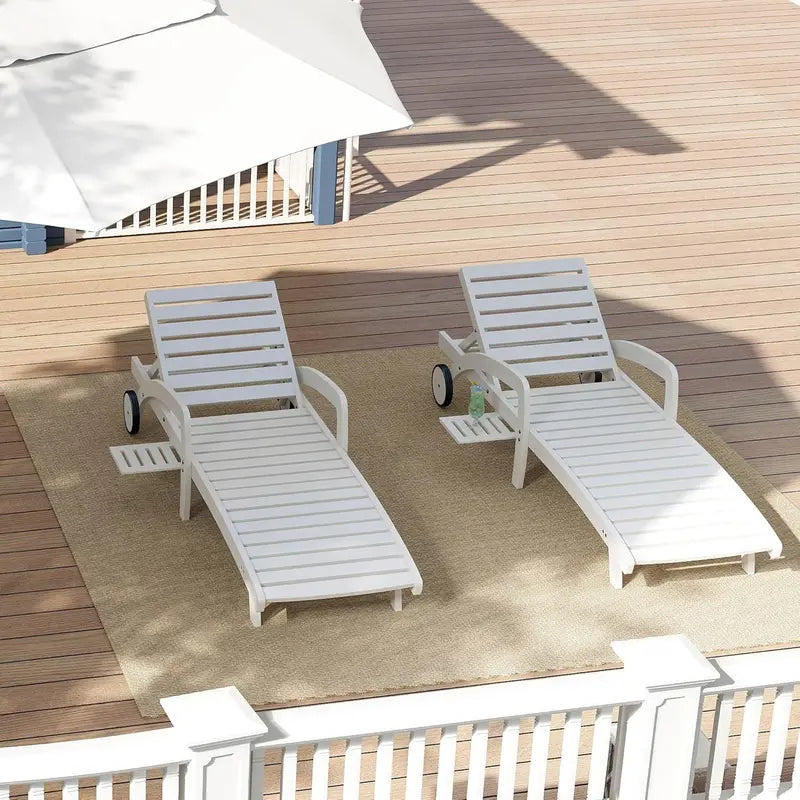 Set of 4 Wooden Poolside Chaise Lounges – 5-Position Adjustable Recliners with Pull-Out Side Tables, Patio or Deck Ready
