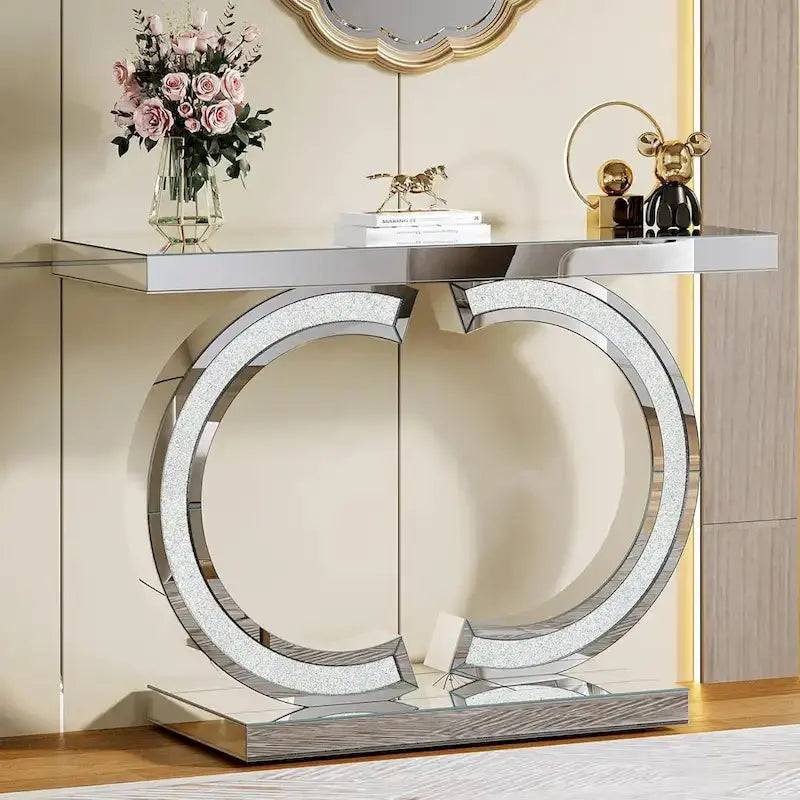 Silver Mirror-Fronted Console Table – 39-Inch Entryway or Hallway Accent Piece