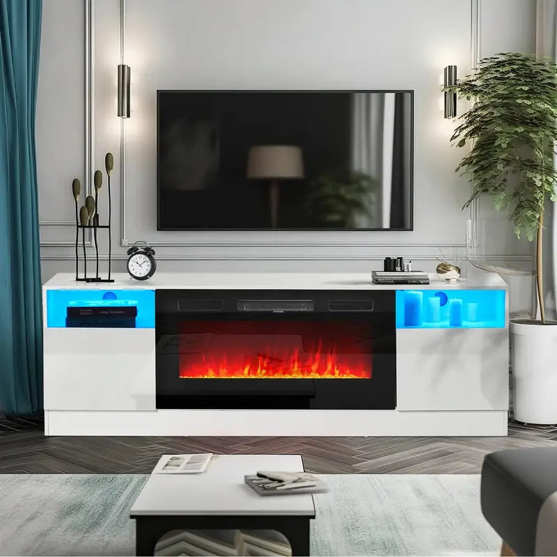 Oneinmil Fireplace TV Stand – 36-Inch Electric Fireplace Entertainment Center in White Wood Finish