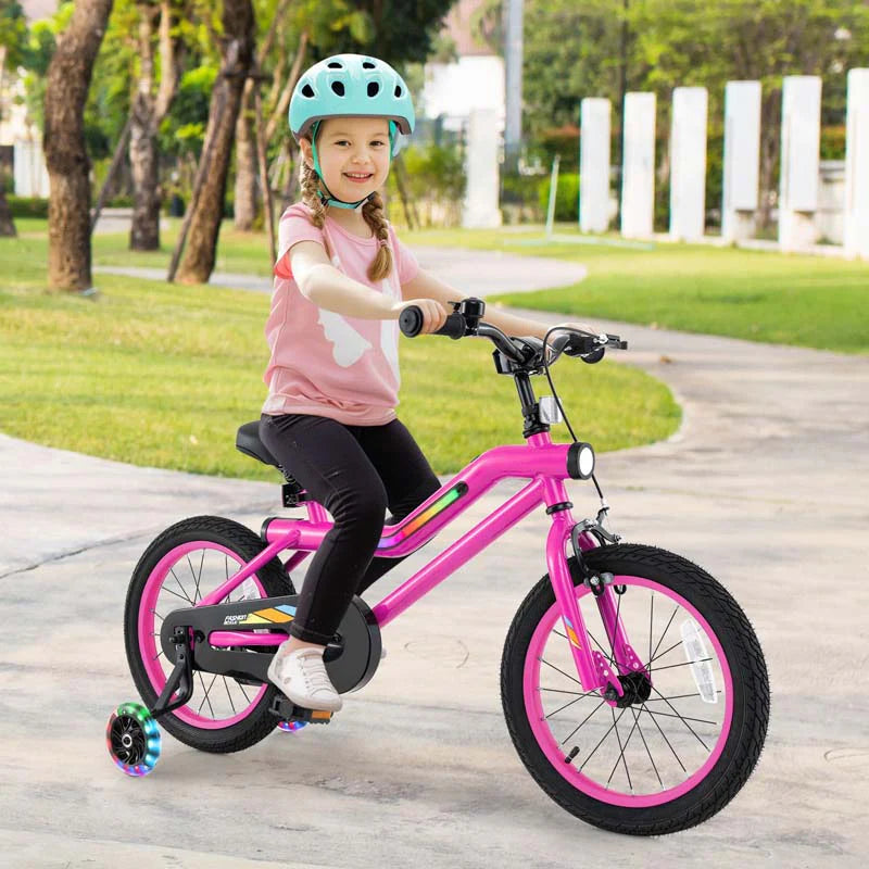 16/18 Inch LED Lighted Kids Bike with Training Wheels, Headlight, Adjustable Seat & Dual Brakes, Children Bicycle for Ages 4-8 Years