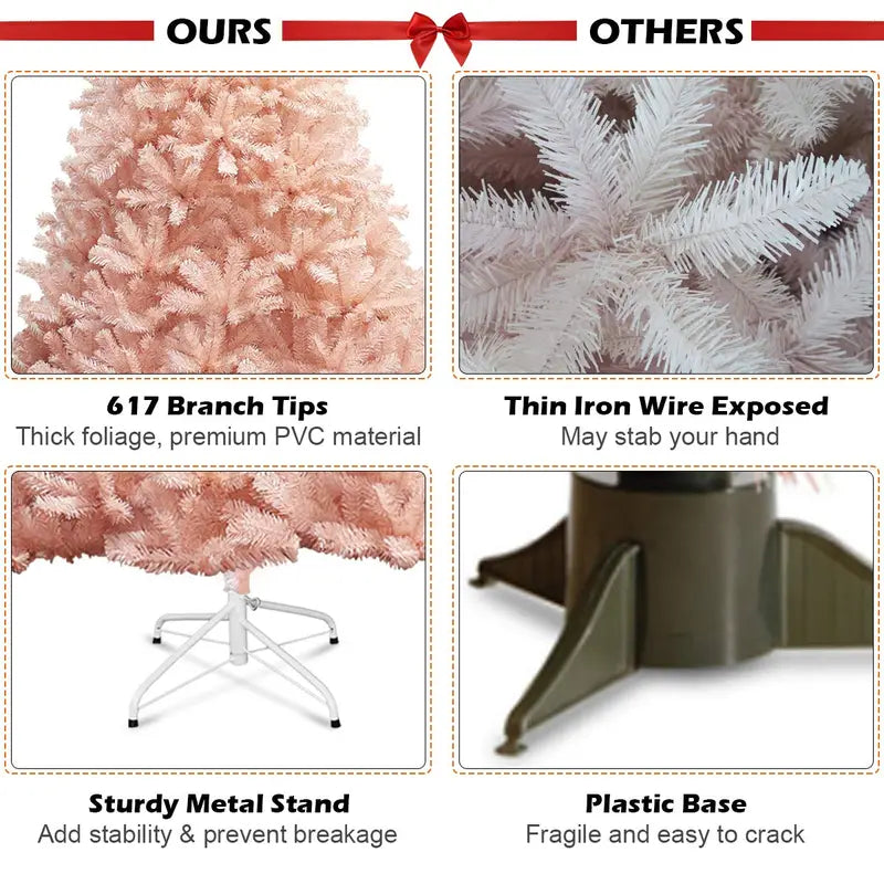 Pink Artificial Christmas Tree – 6ft or 7ft Unlit Premium Hinged Spruce Full-Profile Tree