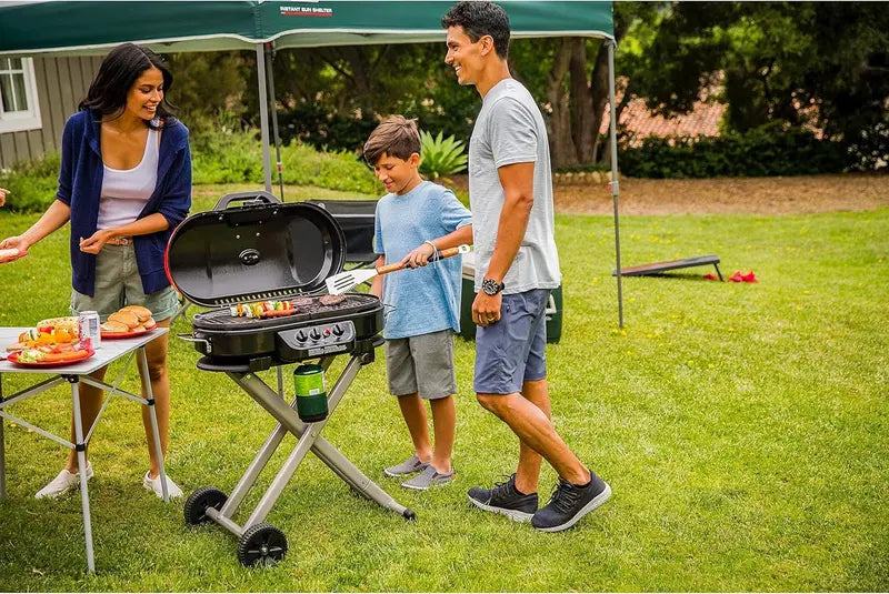 RoadTrip Portable Propane Grill with Three Adjustable Burners, InstaStart Ignition, and 20,000 BTU Output
