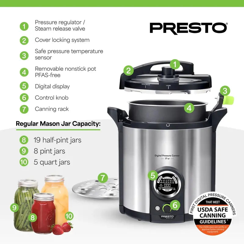 Presto Precise 17-Quart Stainless Steel Electric Pressure Canner – Energy-Efficient & Safe