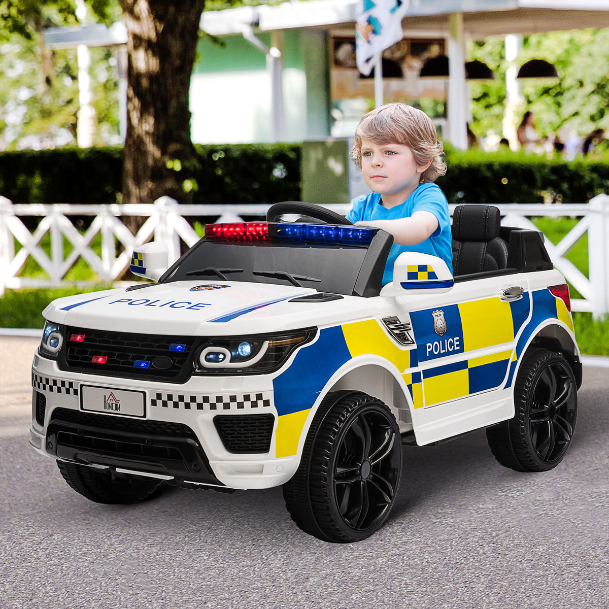 HOMCOM Elektroauto für Kinder im Polizei Design, 12V Batterie und Fernbedienung, Sirene Lichter USB Anschluss für Musik, 110x68x52cm, Weiß