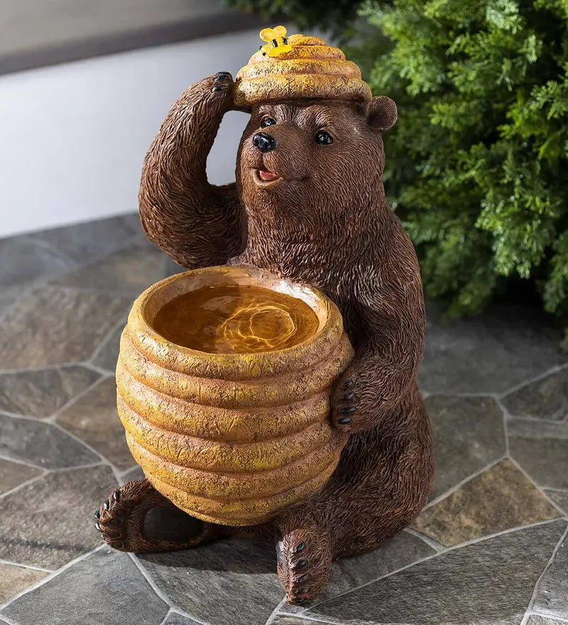 Oh Honey Solar-Powered Birdbath Featuring Bear and Beehive Sculptures